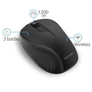 Mouse sem Fio Multilaser Wave Conexão USB 1200dpi 3 Botões Ergonômico Preto - MO212
