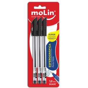 Kit com 3 Canetas Molin Esferográficas Ponta Média Preto