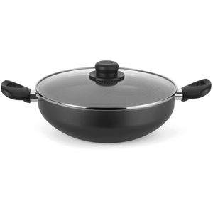 Frigideira Multiflon Gourmet Wok com Alças e Tampa de Vidro Antiaderente de Alumínio - 28cm