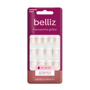 Unhas Postiças Belliz Francesinha com Glitter - Quadrado Curto