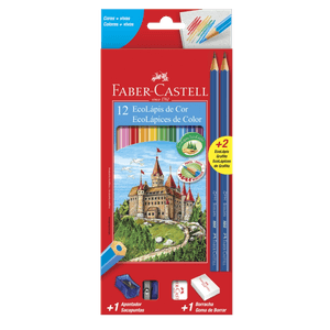 Ecolápis de Cor Faber Castell Kit Escolar 12 Cores + 2 Ecolápis Grafite + 1 Apontador + 1 Borracha
