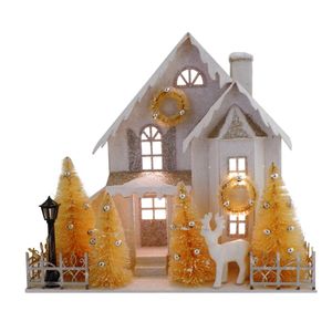 Chalé Natal Magizi Iluminado Branco e Dourado 25cmx15cmx23cm
