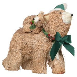 Urso Decorativo D&A Natal com Filhote Bege e Verde 32cmx24cmx12cm