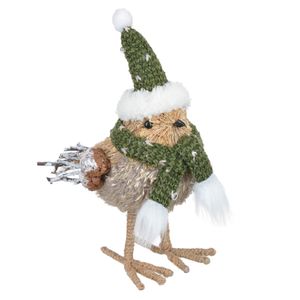 Pássaro Decorativo D&A Natal com Gorro Bege e Verde 21cmx18cmx11cm