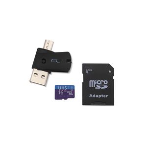 Kit 4 em 1 Multilaser Cartão de Memória Ultra High Speed com Adaptador Usb Dual Drive e SD 16GB até 80 Mb/S Preto - MC150