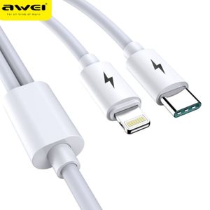 Cabo Usb 2 em 1 Awei 1,2 Metros para 8 Pinos + Tipo-C Branco - CL-79