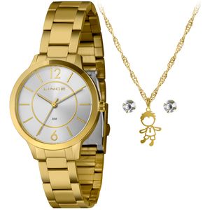 Relógio Lince Feminino Analógico LRG4718L KP50R2KX + Cordão Menino Criança e 1 Par de Brincos - Dourado
