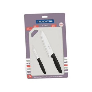 Kit para Carnes e Legumes Tramontina Plenus com Lâminas em Aço Inox Cabos de Polipropileno Preto e Tábua para Cortar 3 Peças