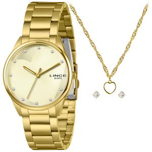 Kit Relógio Aço Feminino Lince Dourado - LRGH244L40